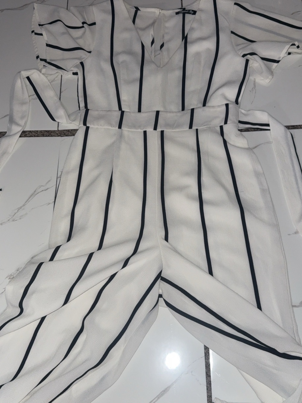 Striped White & Black V-Neck Women's Jumpsuit